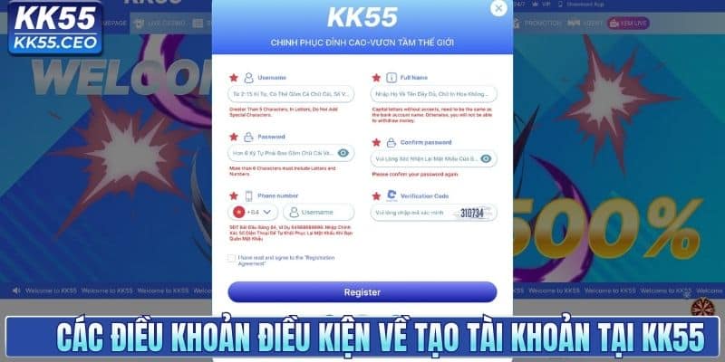 Các điều khoản điều kiện về tạo tài khoản tại KK55